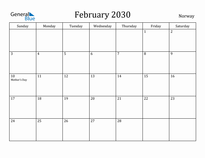 February 2030 Calendar Norway