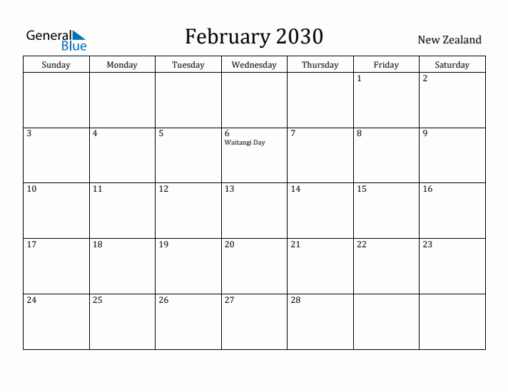 February 2030 Calendar New Zealand