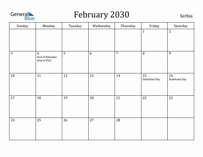 February 2030 Calendar Serbia