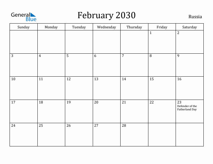 February 2030 Calendar Russia
