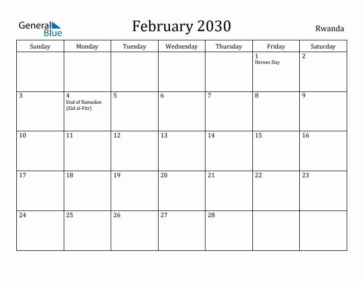 February 2030 Calendar Rwanda