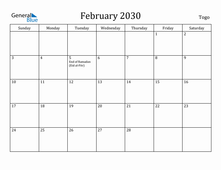 February 2030 Calendar Togo