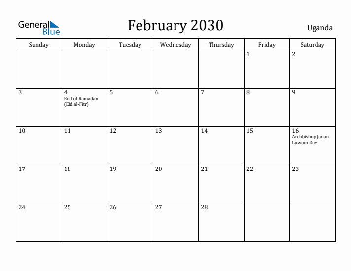 February 2030 Calendar Uganda