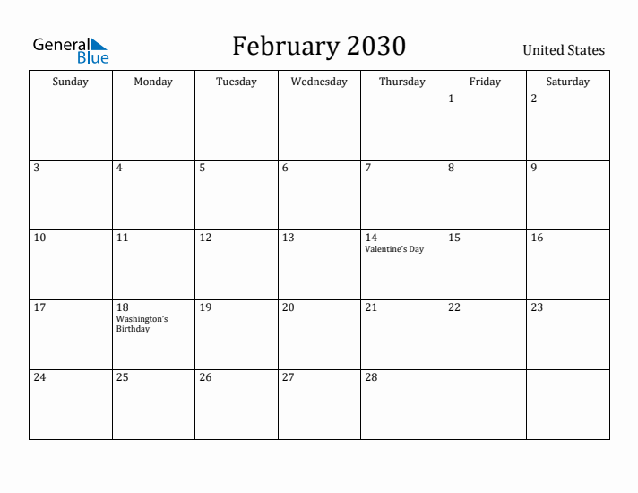 February 2030 Calendar United States
