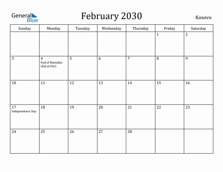 February 2030 Calendar Kosovo