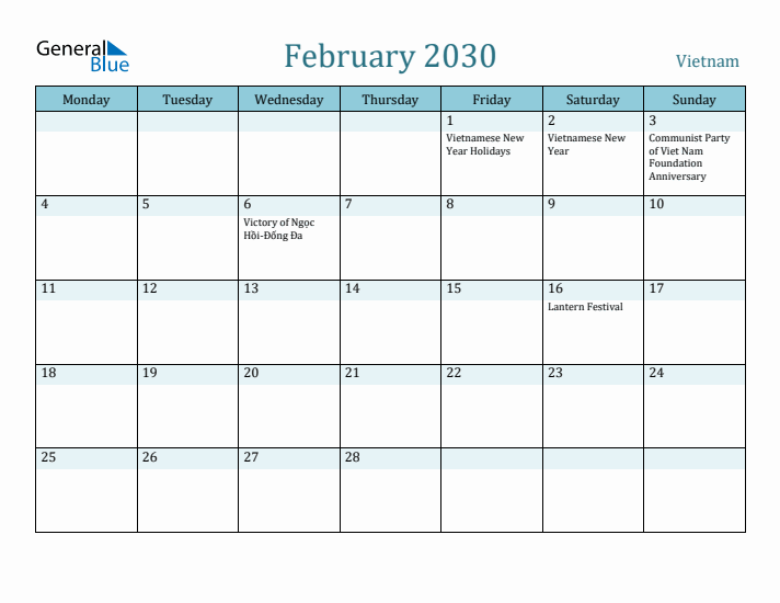 February 2030 Calendar with Holidays