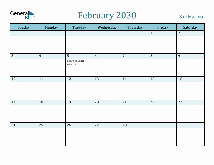 February 2030 Calendar with Holidays