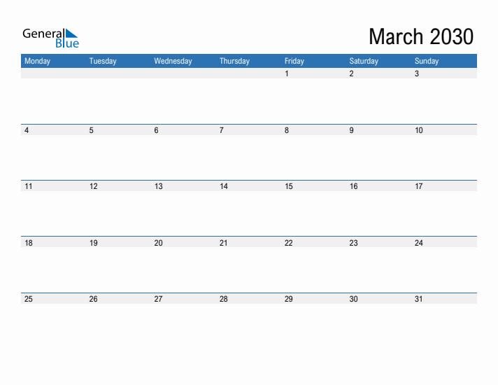 Fillable Calendar for March 2030