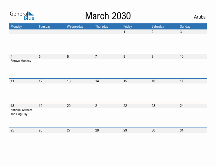 Fillable March 2030 Calendar