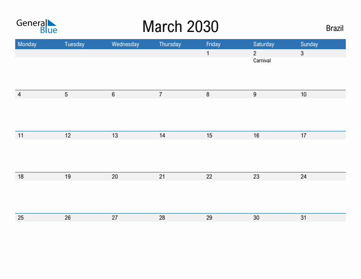 Fillable March 2030 Calendar