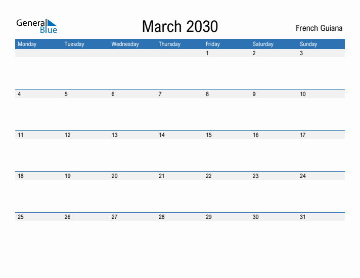 Fillable March 2030 Calendar