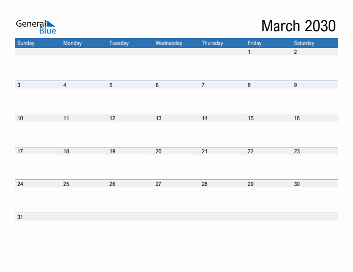 Fillable Calendar for March 2030