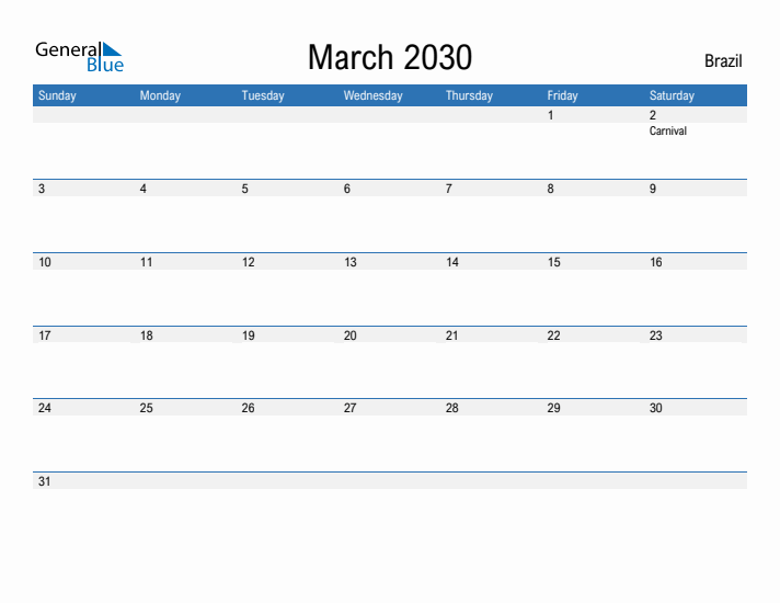 Fillable March 2030 Calendar