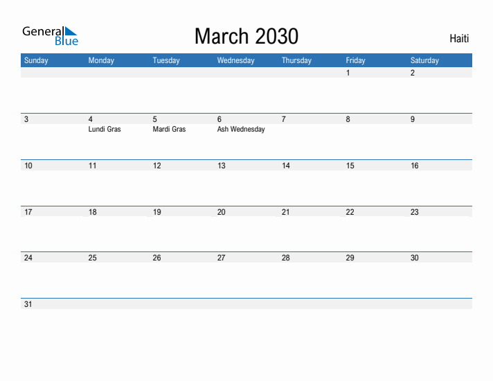 Fillable March 2030 Calendar