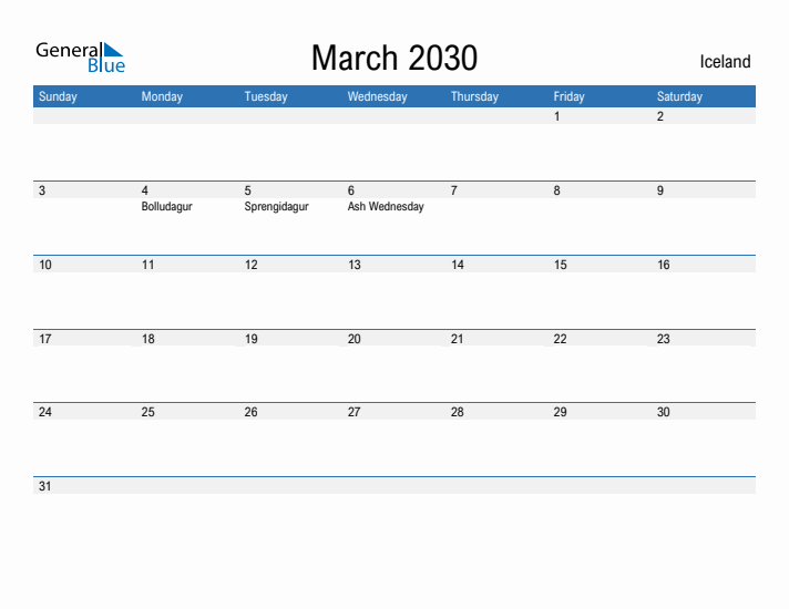 Fillable March 2030 Calendar