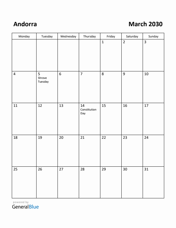 March 2030 Calendar with Andorra Holidays