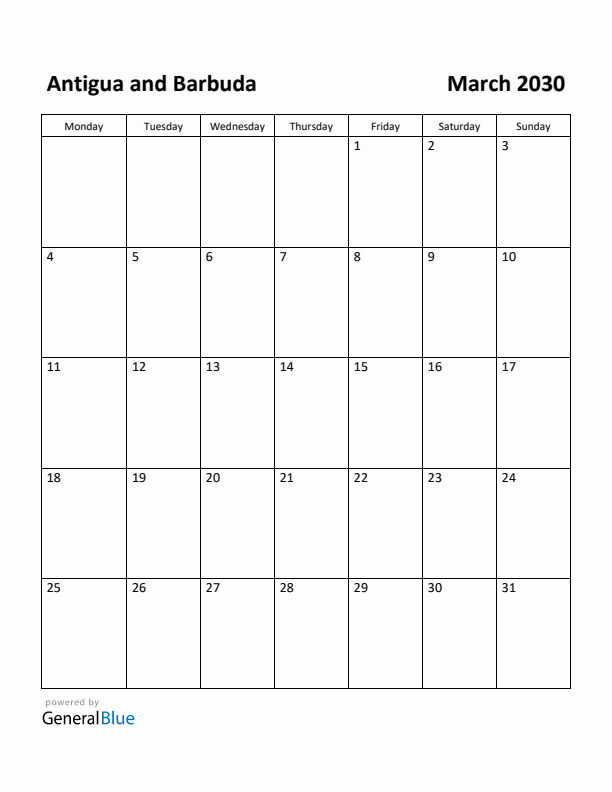 March 2030 Calendar with Antigua and Barbuda Holidays