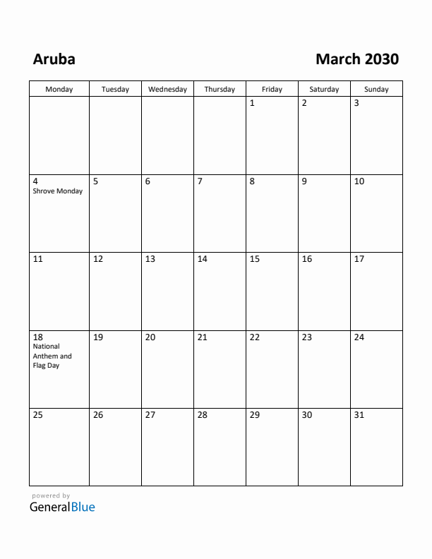 March 2030 Calendar with Aruba Holidays