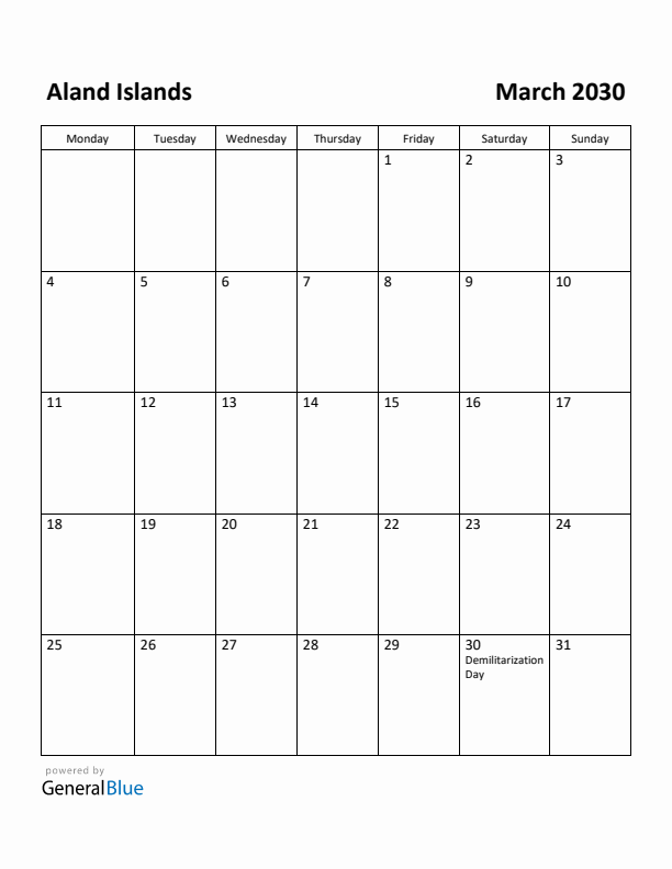 March 2030 Calendar with Aland Islands Holidays