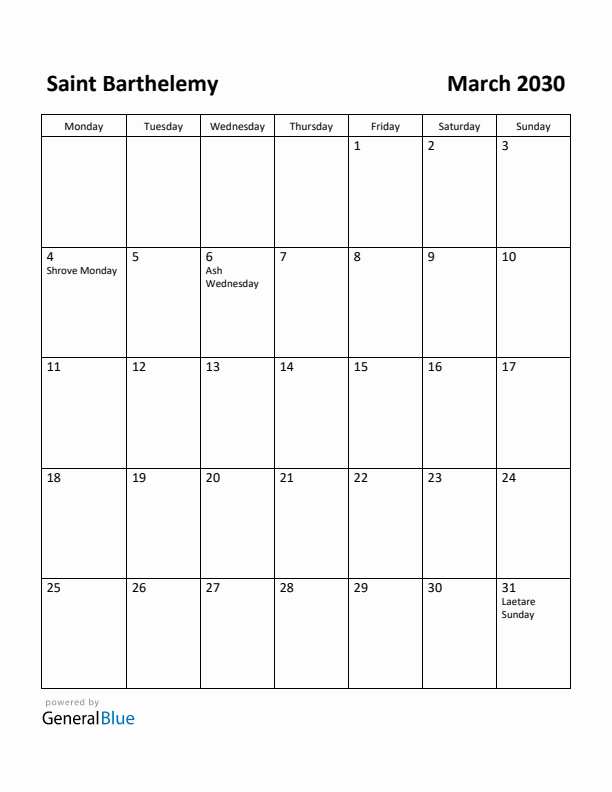March 2030 Calendar with Saint Barthelemy Holidays