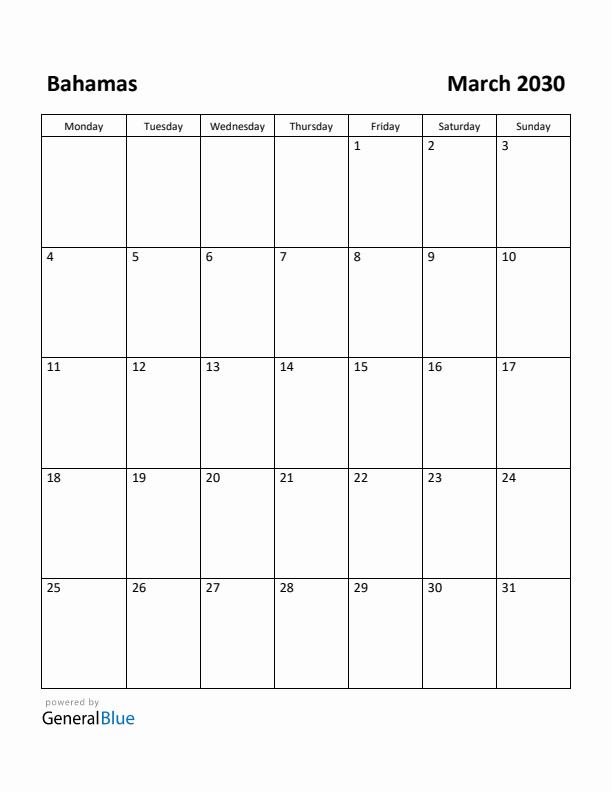 March 2030 Calendar with Bahamas Holidays