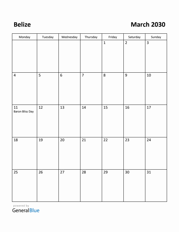 March 2030 Calendar with Belize Holidays