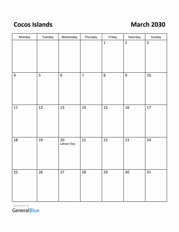March 2030 Calendar with Cocos Islands Holidays