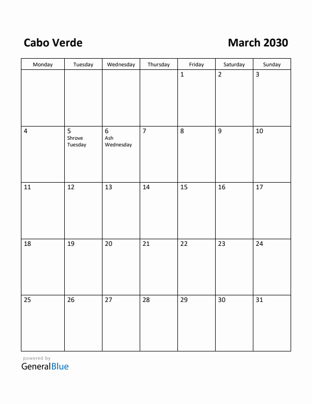 March 2030 Calendar with Cabo Verde Holidays