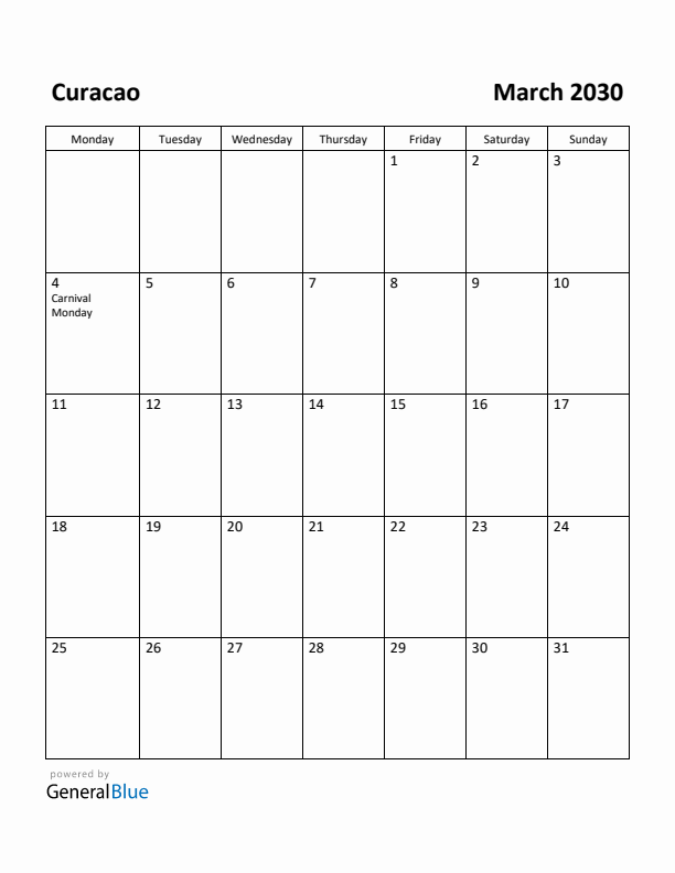 March 2030 Calendar with Curacao Holidays