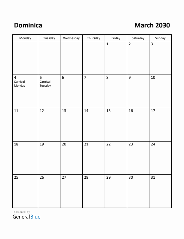 March 2030 Calendar with Dominica Holidays