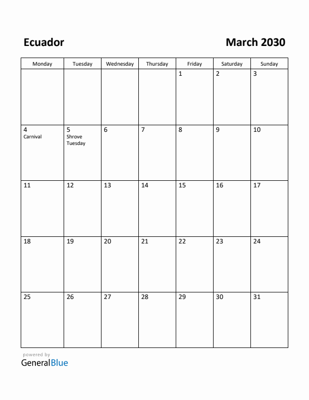 March 2030 Calendar with Ecuador Holidays