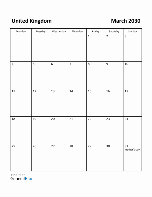 March 2030 Calendar with United Kingdom Holidays