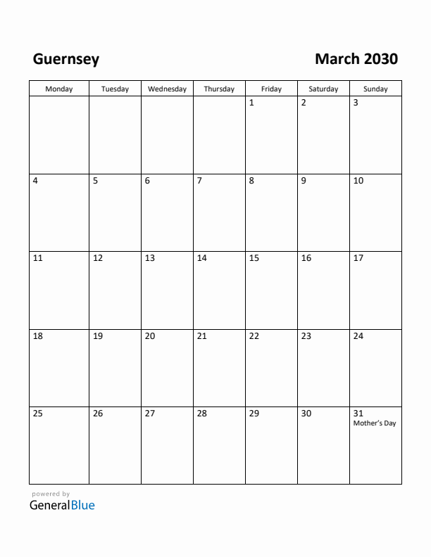 March 2030 Calendar with Guernsey Holidays