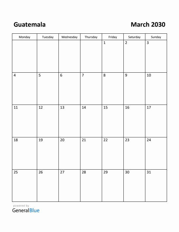 March 2030 Calendar with Guatemala Holidays
