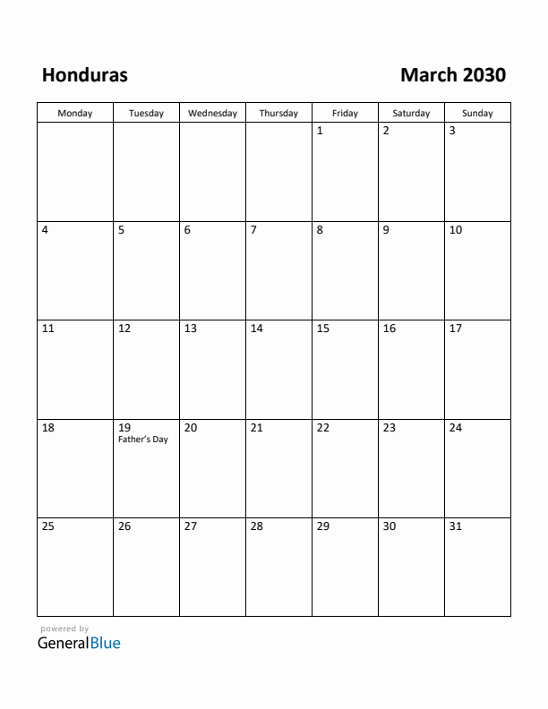 March 2030 Calendar with Honduras Holidays