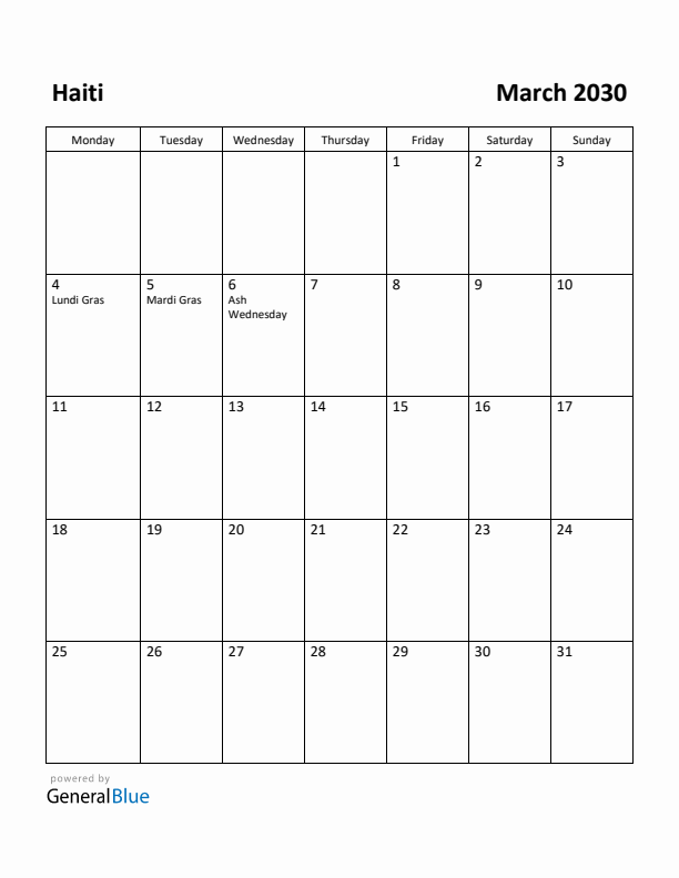 March 2030 Calendar with Haiti Holidays