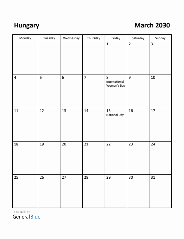 March 2030 Calendar with Hungary Holidays