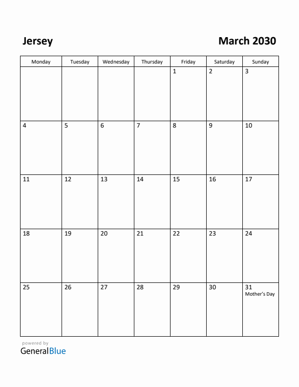 March 2030 Calendar with Jersey Holidays