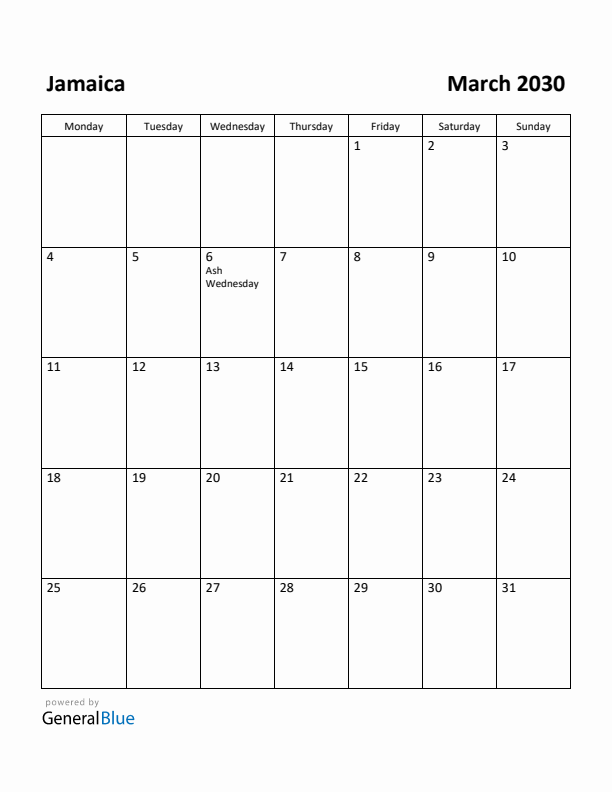 March 2030 Calendar with Jamaica Holidays
