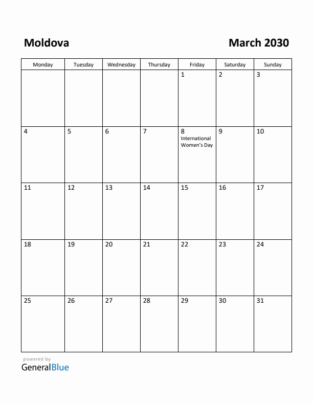 March 2030 Calendar with Moldova Holidays