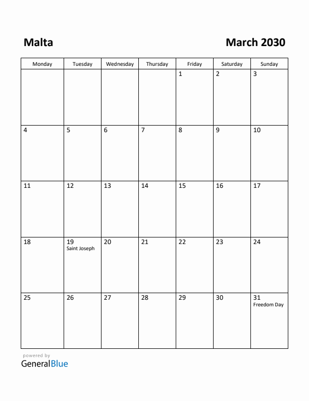 March 2030 Calendar with Malta Holidays