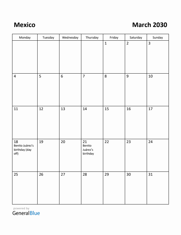 March 2030 Calendar with Mexico Holidays