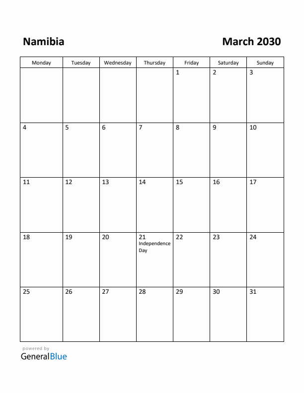March 2030 Calendar with Namibia Holidays