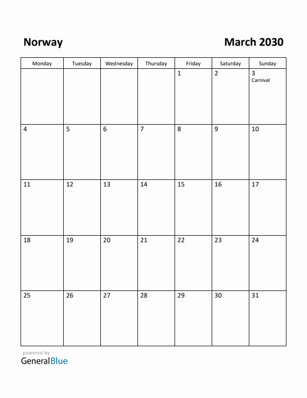 March 2030 Calendar with Norway Holidays