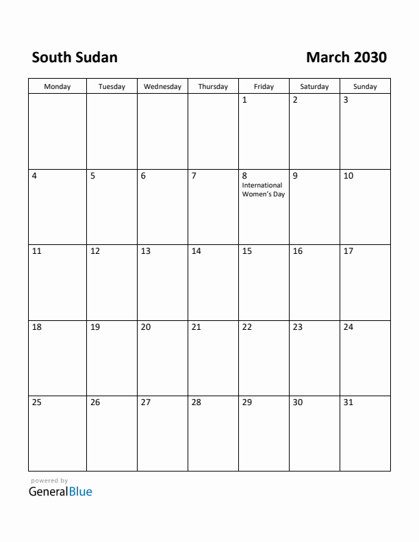 March 2030 Calendar with South Sudan Holidays