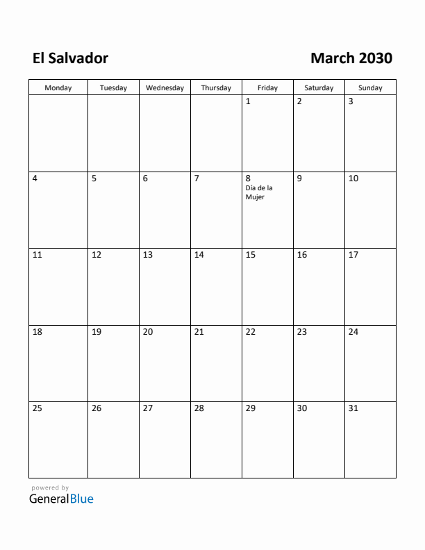 March 2030 Calendar with El Salvador Holidays