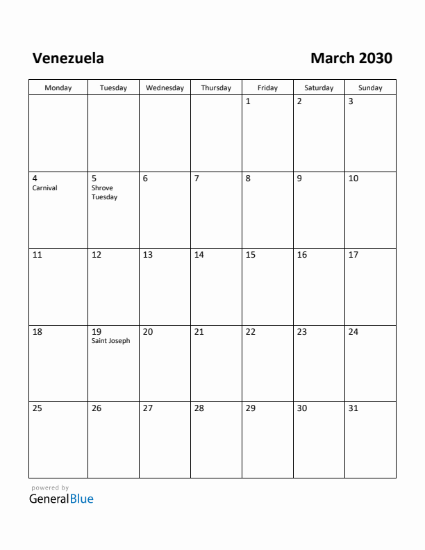 March 2030 Calendar with Venezuela Holidays