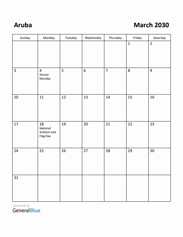 March 2030 Calendar with Aruba Holidays