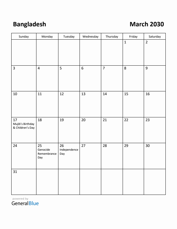 March 2030 Calendar with Bangladesh Holidays