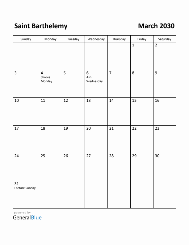 March 2030 Calendar with Saint Barthelemy Holidays